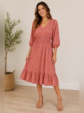 Umgee Coral Pink White Babydoll Dress V-Neck Smocked Waist Puff Sleeve Size 2XL